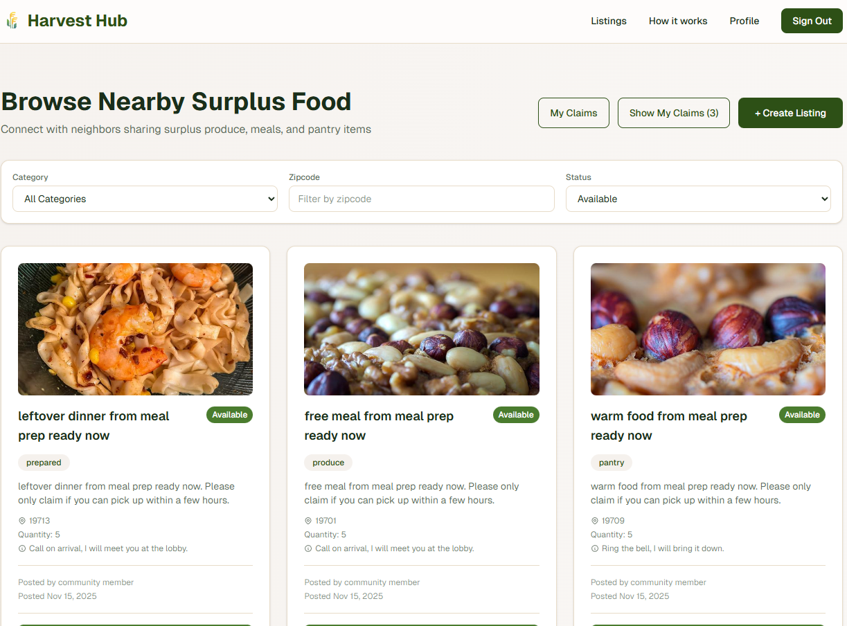 Harvest Hub listing page screenshot